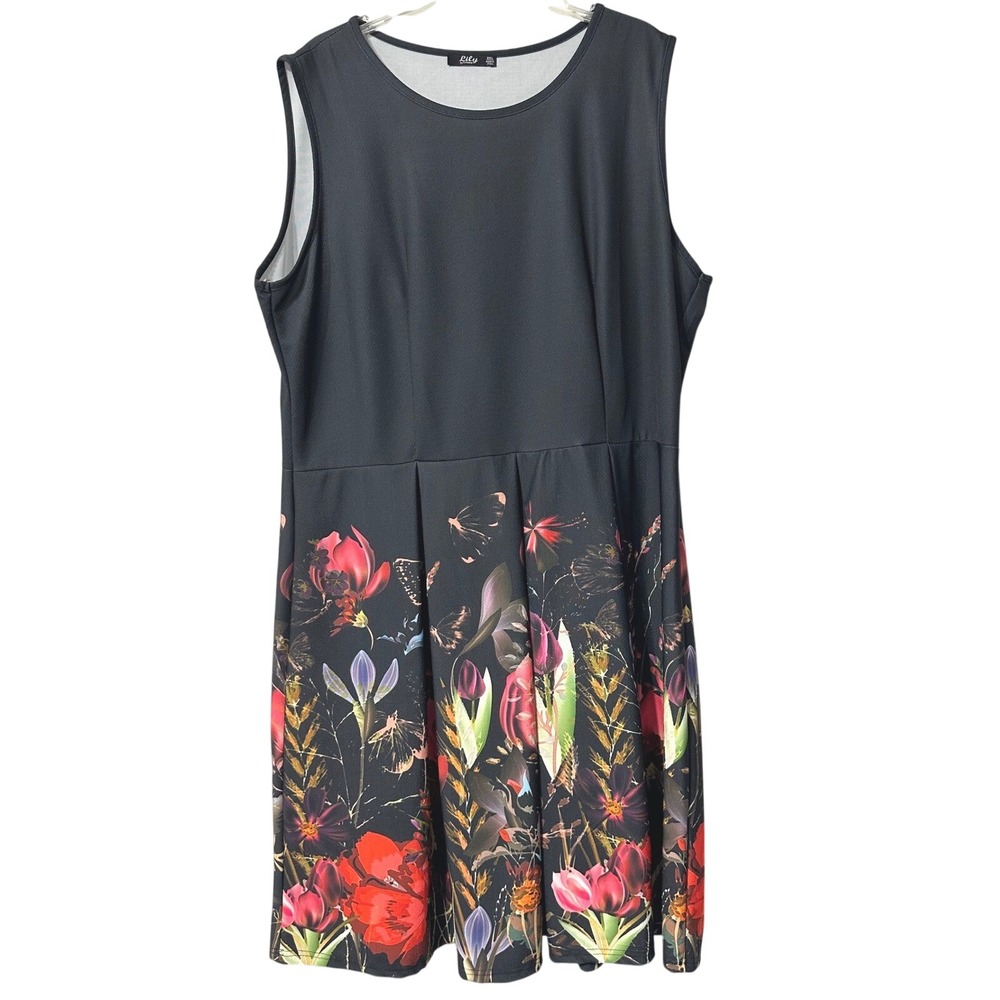 Lily by Firmiana Dress Womens 2XL Black Floral Butterfly Sleeveless Fit Flare